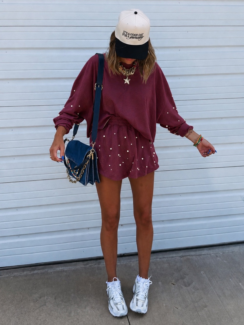 Peach Love Boutique SET Pearl Embellished Fleece Burgundy Top Skort L